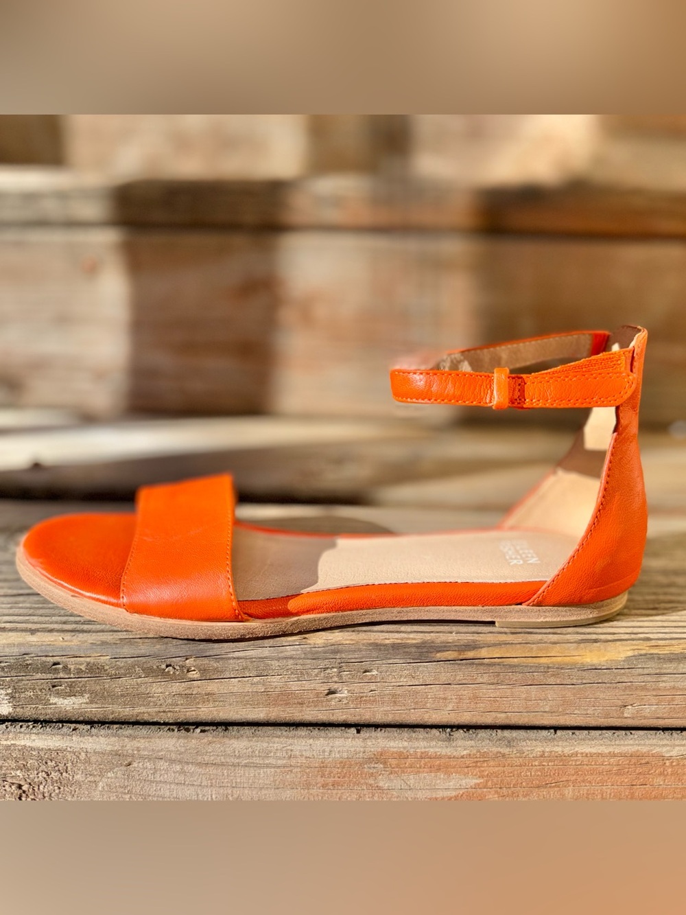 Eileen Fisher Orange Leather Ankle Strap Flat Sandals Womens Size 8.5 #EF47870